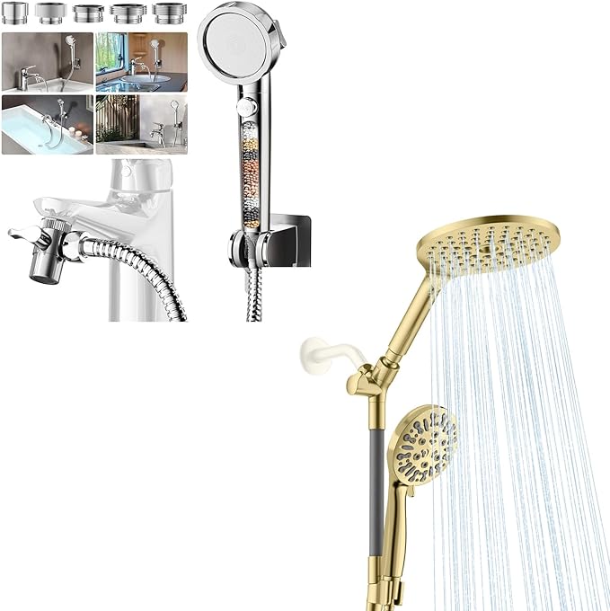 HOWUWEY Chrome Filtered Shower Sprayer with Sink Hose Attachment for Faucet & HOWUWEY Brushed Gold Dual Shower Heads with Handheld Spray