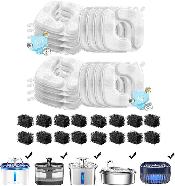 Veken Cat Water Fountain Filters, 16 Pack Replacement Filters & 16 Pack Replacement Pre-Filter Sponges Set for 50oz, 84oz, 95oz Automatic Pet Fountain Dog Water Dispenser - AquaVibe
