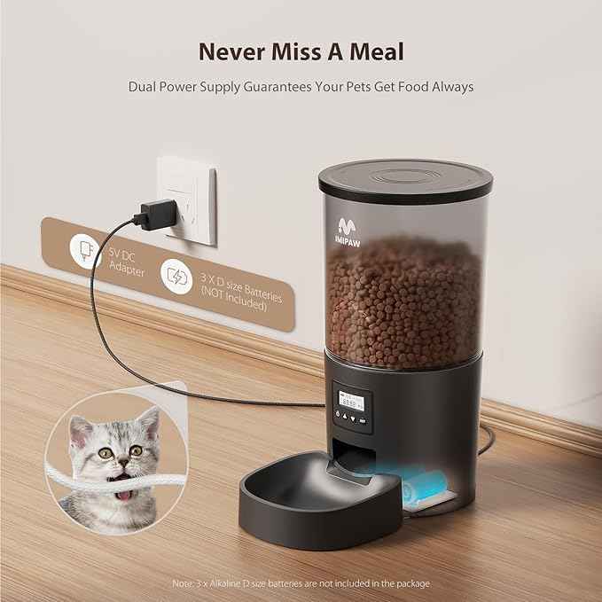 IMIPAW Automatic Cat Feeders, 5L Large Capacity, Timed Feeding Dry Food, Dual Power Design, Programmable Portion Size, 1-6 Meals Per Day, with Desiccant, Suitable for Small Pets Food Dispenser, Black