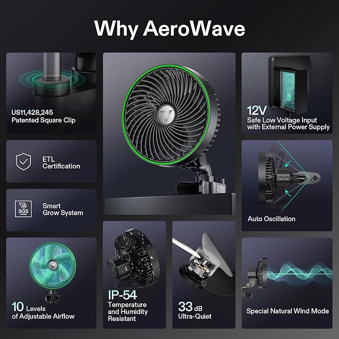 VIVOSUN AeroWave E6 Gen2, Grow Tent Clip Fan 6”, EC Motor, Smart Control, Powerful Oscillating Fan, Local Timer, Weatherproof IP54, for Hydroponics Circulation Cooling, Black