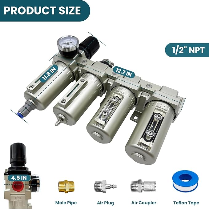 Upgraded 1/2" NPT Heavy Duty Industrial Grade 4 Stage Air Drying System, Particulate Filter, Coalescing Filter, Desiccant Dryer & Air Regulator - for Plasma Cutter, Paint Spray（Auto Drain） - AquaVibe