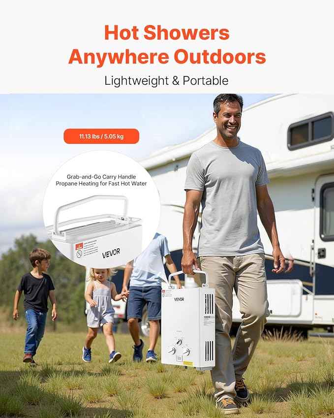 VEVOR 6L Portable Propane Water Heater, 41000 BTU 1.58 GPM Tankless Outdoor Instant Hot Water Heater, LED Screen, Overheat Protection with Accessory Set + Regulator for RV Camping Trips Cabins Barns