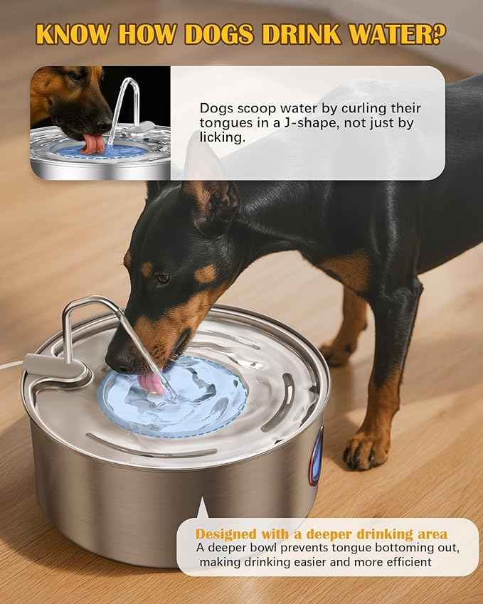 Dog Water Fountain for Large Dogs- 270oz/8L Stainless Steel Dog Water Bowl Dispenser Automatic Pet Water Fountain with Ultra-Quiet Pump/Quadruple Filtration for Dogs, Cats, Multiple Pets