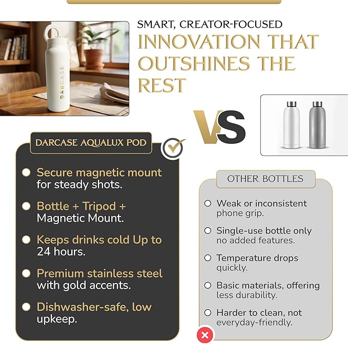 DARCASE Luxury Stainless Steel Water Bottle with Magnetic Phone Mount - Leak Proof Insulated Water Bottle for Workout, Content Creation and Travel - Reusable Bottle with Magnetic Phone Holder - 24oz