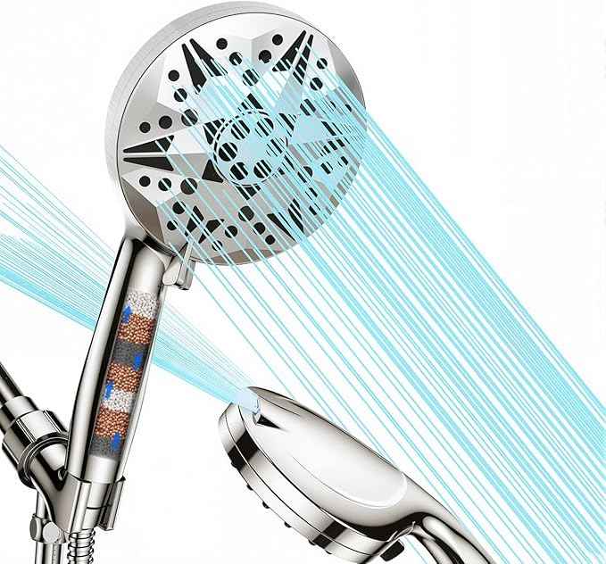 Filtered High Pressure Handheld Shower Head – 10 Spray Modes with Rain & Massage, Built-in Filter for Cleaner Water, Anti-Clog Nozzles, Power Rinse for Tile & Pets, Chrome Finish