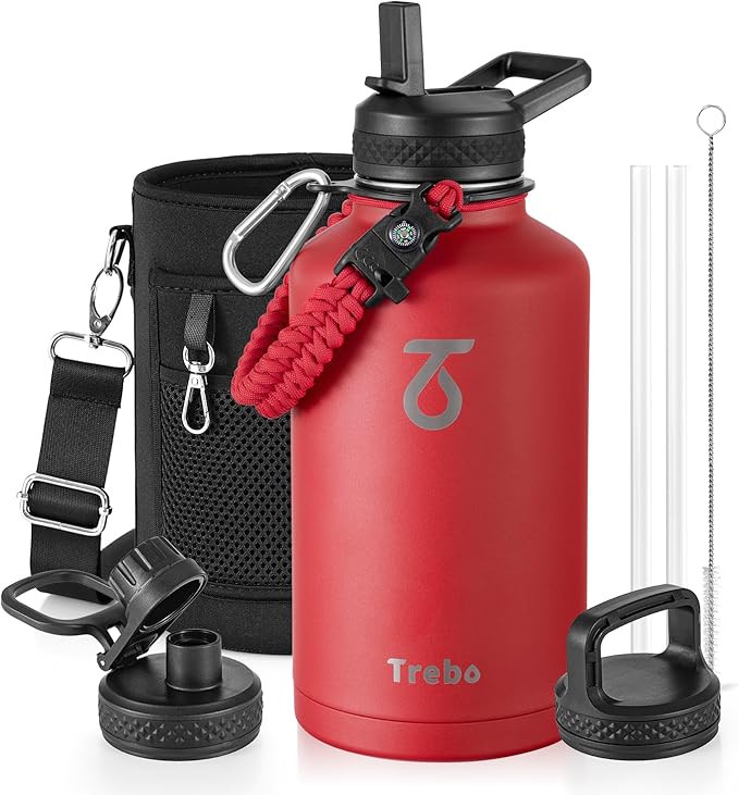 Trebo Water Bottle 64oz with Paracord Handle, Half Gallon Large Vacuum Double Wall Stainless Steel Insulated Water Jug with Holder Strap Straw Spout Lids, Leakproof Keep Cold & Hot, Red