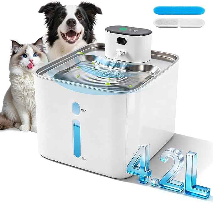 Cat Water Fountain Automatic Stainless Steel 4.2L/148oz Cordless Filter System & Interactive Design Dog Water Bowl Dispenser for Cats & Dogs Drinking Supplies for Pet Gifts