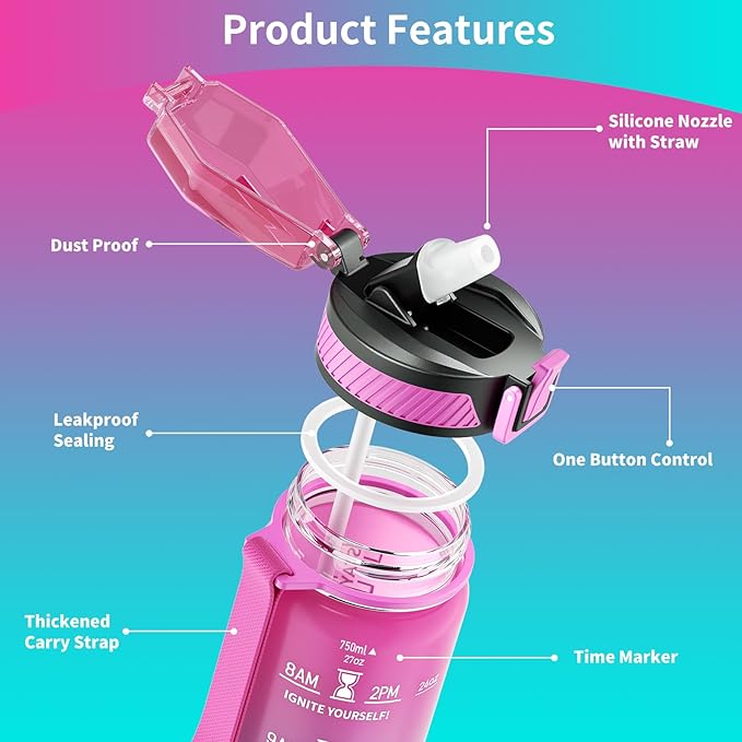 Water Bottle with Straw, 27oz Motivational Water Bottles with Time Marker to Drink, Tritan BPA Free, 750ml Sports Water Bottle with Carry Strap LeakProof for School Fitness Outdoor (1Pack)