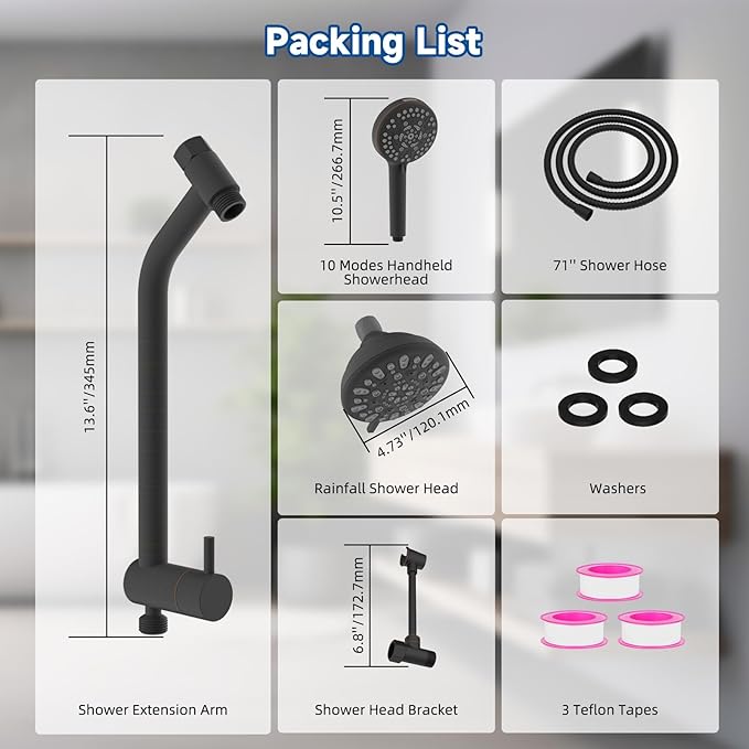 All Metal Dual Shower Head Easy Reach, High Pressure 10-Spray Handheld & Rainfall Shower Head Combo with Shower Extension Arm, 71" Hose, 3-way Diverter, Brass Shower Bracket, Oil Rubbed Bronze