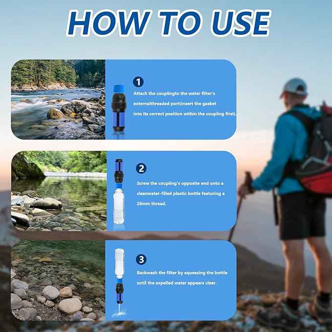 2 Pcs Water Filter Coupling Kit, Filter Cleaning Gasket With Seal, Compatible with 28mm External Threaded Water Filters and Plastic Bottles for Hiking Camping