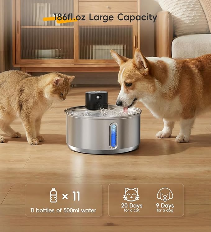 Stainless Steel Cat Water Fountain, 186fl.oz/1.45Gal Wireless Dog Water Fountain Battery Operated, Pet Water Dispenser Cordless for Cats & Dogs Indoor