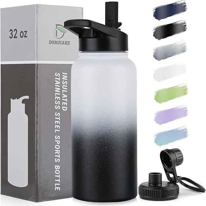 DOMICARE 32 oz Insulated Water Bottle, Vacuum Insulated Stainless Steel Sports Water Bottle with Straw Lid & Spout Lid, Leakproof, Reusable - Travel, Camping, Bike, Black White Gradient