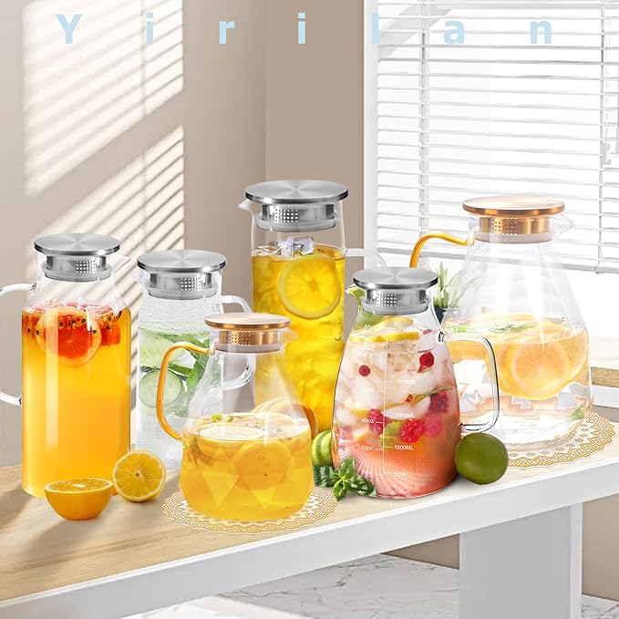 Yirilan Glass Pitcher, 1.8 Liter Water Pitcher with Lid, Beverage Pitchers for Hot, Cold Water, Iced Tea and Juice Drink with Cup Brush