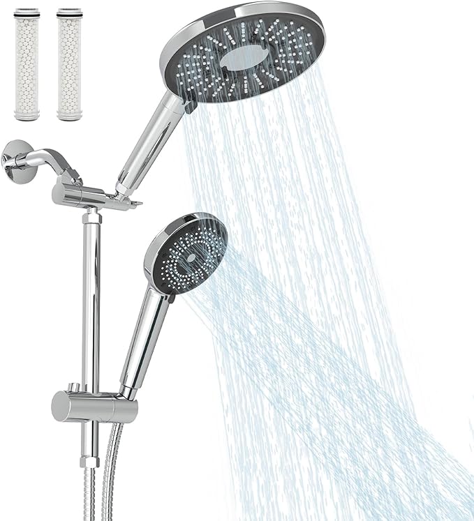 Filtered Shower Head with Handheld Shower Head High Pressure Rainfall System with Slide Bar Dual Filter Softener for Hard Water,6 Spray Modes,Adjustable Height,Chrome