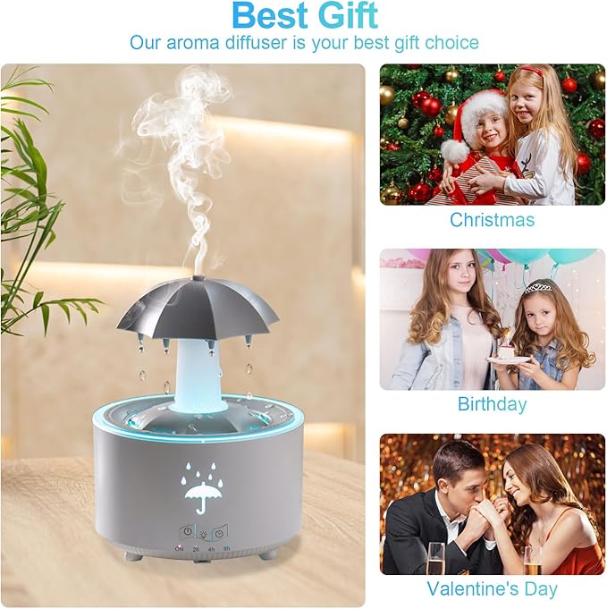 Raindrop Humidifier for Bedroom and Office, Essential Oil Diffuser with 7-Color LED Lights, 4-Timer Air Humidifier, Ideal 300ML Mini Air Vaporizer for Nursery & Families (White Rotatable Umbrella)