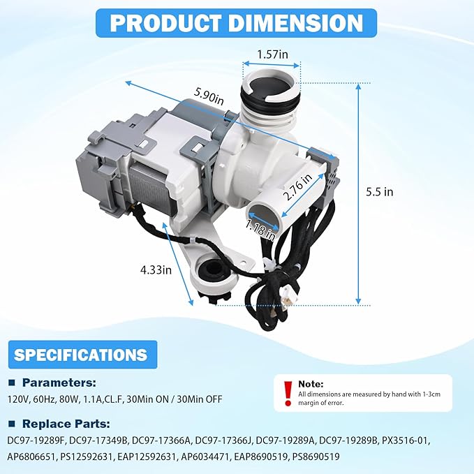 DC97-19289F DC97-19289B DC97-19289A Washer Drain Pump Assembly Replacement for Samsung Washing Machine WA44 WA41 WA45 WA52 WA50 WA54 etc Series Replace PX3516-01 DC97-17349B DC97-17366A DC97-17366J