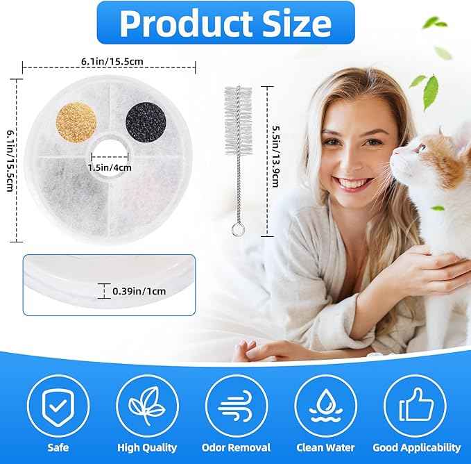 8-Pack Cat Fountain Replacement Filters for 3L Flower Water Dispenser, Triple Filtration with Activated Carbon & Ion Exchange Resin, Soft Water for Urinary Health Support + 2 Cleaning Brushes