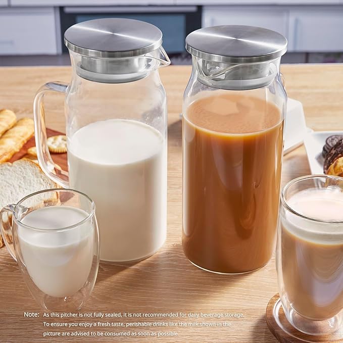 Bivvclaz 2 Pack 2 Liter 68 oz 2.1 Qt Glass Pitcher with Lid and Handle, Water Pitcher for Fridge, Glass Carafe for Hot/Cold Water, Large Iced Tea Pitcher for Coffee, Juice and Homemade Beverage