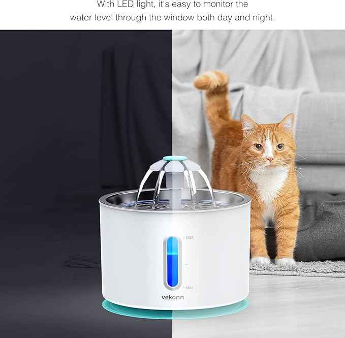 2.4L/84oz Cat Water Fountain Stainless Steel Top, Pet Water Fountain for Small Dog and Cat with LED Light and Water Level Window (Green)