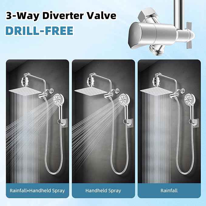 Filtered Shower Head, 10" High Pressure 10-Spray Handheld/Rainfall Shower Head Combo with 20 Stage Shower Filter, 11" Shower Extension Arm, 71" Hose, Shower Head Holder, Chrome