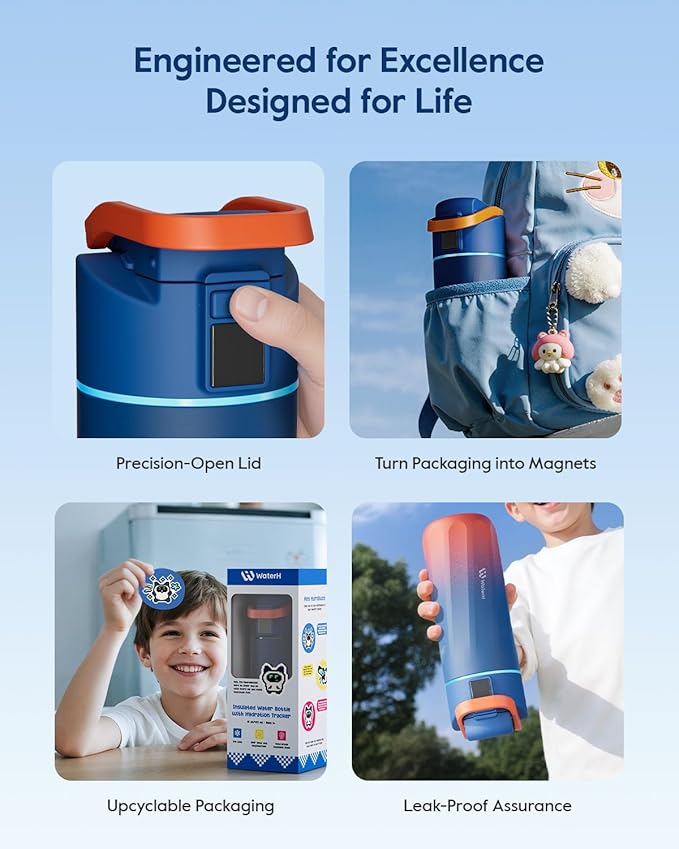 BOOST Smart Water Bottle with Reminder & Tracker, 16oz Kids Water Bottle for School, DIY Refrigerator Magnets, BPA-Free Vacuum Insulated Stainless Steel, Ideal Gift for Christmas, New Year