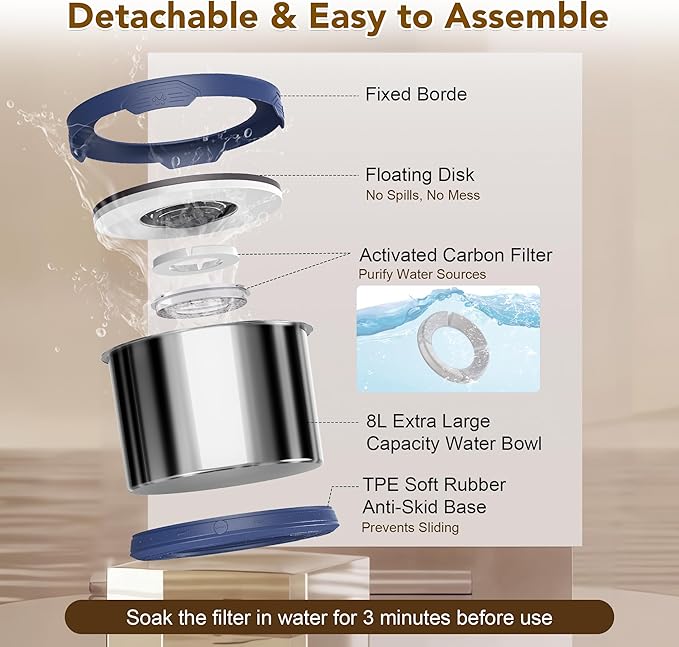 UPSKY Dog Water Bowl No Spill 8L Stainless Steel, 2.1 Gallon Large Capacity Spill-Proof Dog Bowls, Non-Slip Slow Drinking Anti-Splash Bowl for Large Messy Drinkers, No Mess Indoor/Outdoor Use, Blue