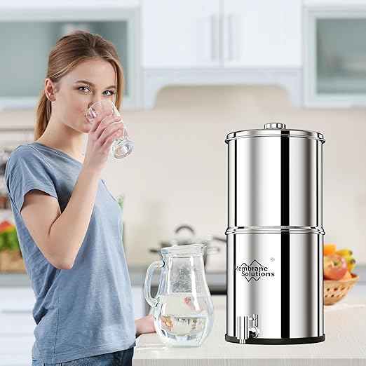 Membrane Solutions Stainless Steel 2.25G Gravity Water Filter, Countertop Water Filtration System with 3 Pack 0.1-Micron UF Filters, for Home, Camping, and RVing