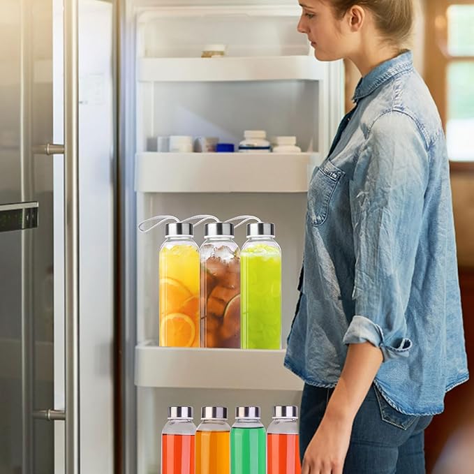 3 Packs Glass Water Bottles with Lid Clear Juice Bottles Reusable Bottle with Stainless Steel Cap Glass Cups Liquid Storage Containers for Juicing Beverage Refrigerator Travel-17oz