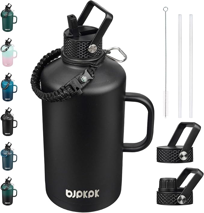 BJPKPK 1 Gallon Water Bottle Insulated with Straw Lid, 128oz Large, Stainless Steel Water Bottles with 3 Lids and Paracord Strap, Double Wall Vacuum Metal Water Jug,Black