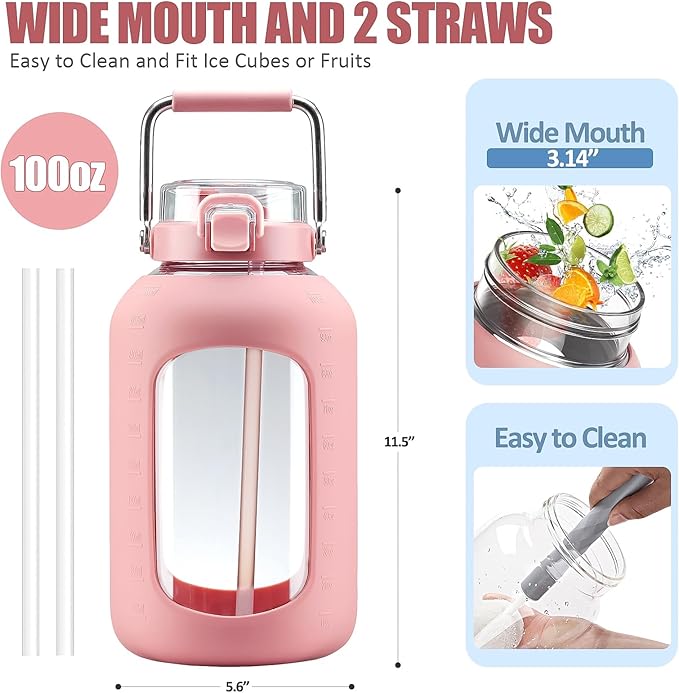 Large Glass Water Bottles with Stainless Steel Handle,100 oz Gallon Drinking Bottle with 2-in-1 Straw Lid,3 Liter Glass Water Jug with Silicone Sleeve,Wide Mouth,Pink