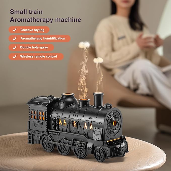 Train Diffuser 300ml, Aromatherapy Diffuser Cool Mist Ultrasonic Aroma Train Diffuser with Remote Control 2 Light 2 Mist Mode Auto Shut-Off for Bedroom Office Hotel(Black)