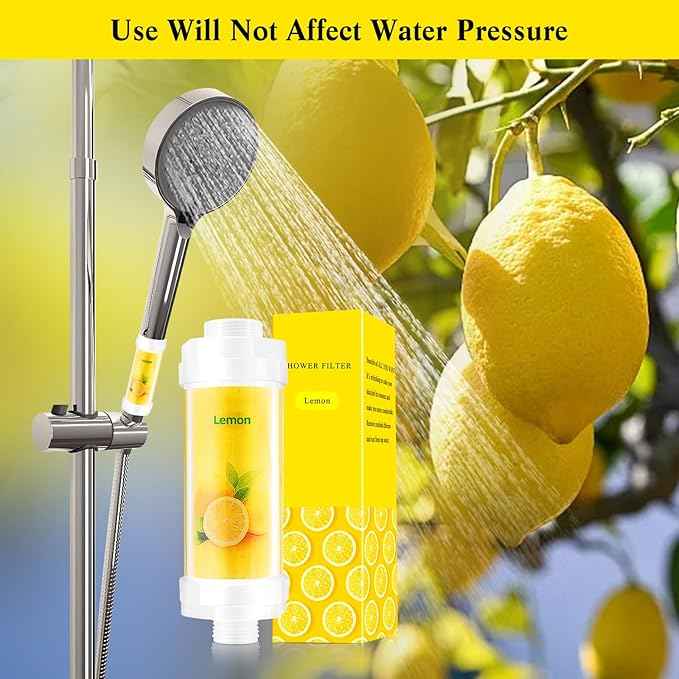 Vitamin C Shower Filter for Hard Water, Shower Head Filter to Chlorine Fluoride Sediment, Water Purifying Filtered Shower Head with Beads, Helps Dry Skin & Hair Loss, Easy Installation (Lemon)