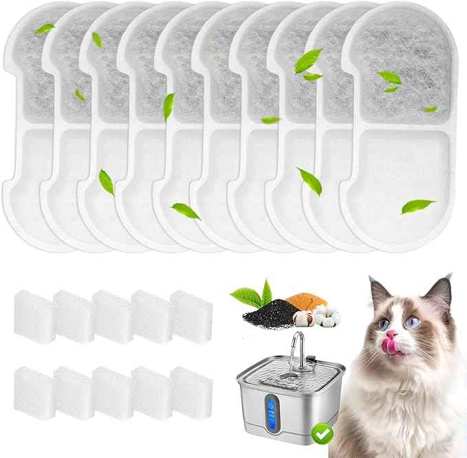 10+10 Pack Replacement Filters Compatible with SEIRMEP 101oz/3L Stainless Steel Cat Water Fountain, Includes 10 Filters & 10 Sponges