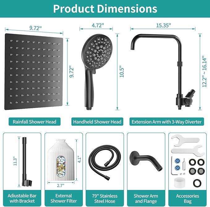 MIAOHUI High Pressure Rain Shower Head with 7 Settings Handheld Spray, Dual Shower Heads with Handheld Spray Combo, 10 Inch Luxury Rainfall Shower Head and Handle Set with Filter (Black)