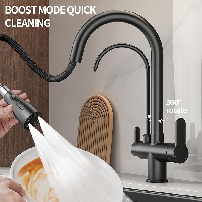 Kitchen Sink Faucet with Pull - Down Sprayer, 2 - Handle 3 - in - 1 Kitchen Sink Filter Faucet, Cold and Hot Mixer Drinking Water Faucet (Black-02)