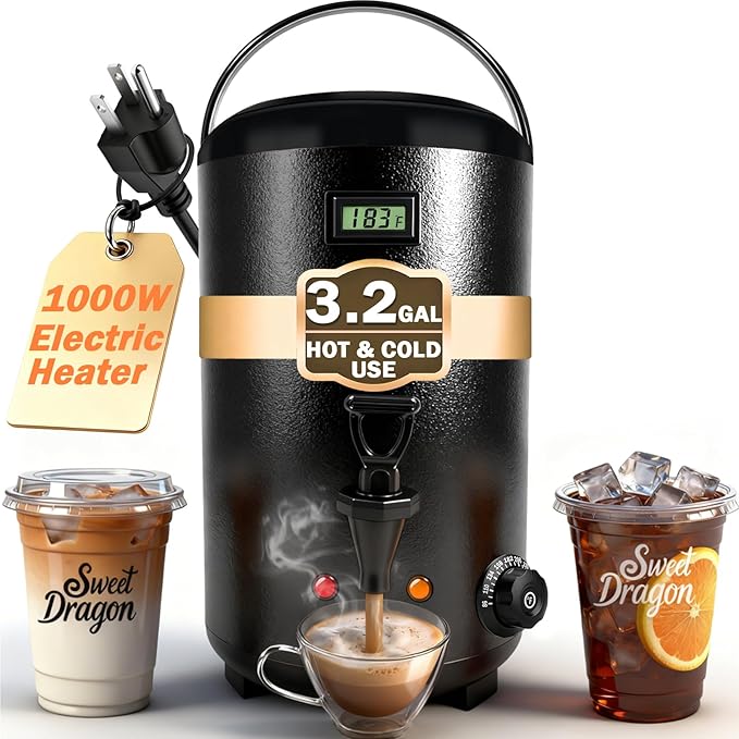 Electric Insulated Beverage Dispenser With Heating – 75 Cup Hot & Cold Drink Water Urn with Spigot – 12 L / 3.2 Gallon Stainless Steel Hot Coffee & Tea Drink Dispenser for Catering, Juice, Milk, Black