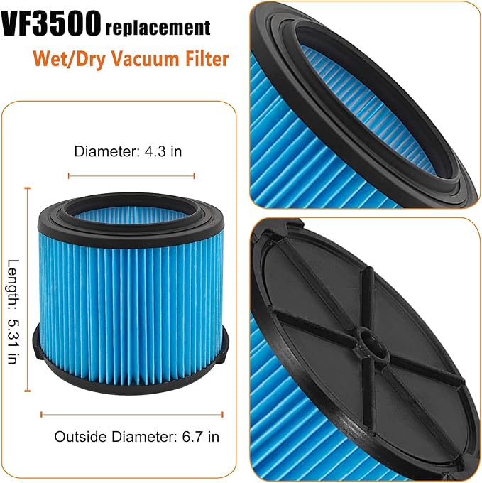 VF3500 Filter Replacement for Ridgid 4 Gallon Shop Vaccum, 26643 Fine Dust Filter for 3/4/4.5 Gallon Wet Dry Portable Vacuums, Replaces WD40700, WD30500-2 Pack - AquaVibe