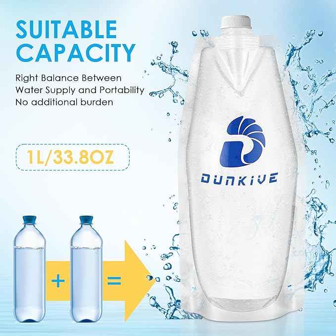 Filter Collapsible Water Bottles, 1L Canteens (32oz), Foldable Water Container for Traveling, Hiking, Camping, Backpacking - Lightweight, Reusable, Clear Design(4 Pack)