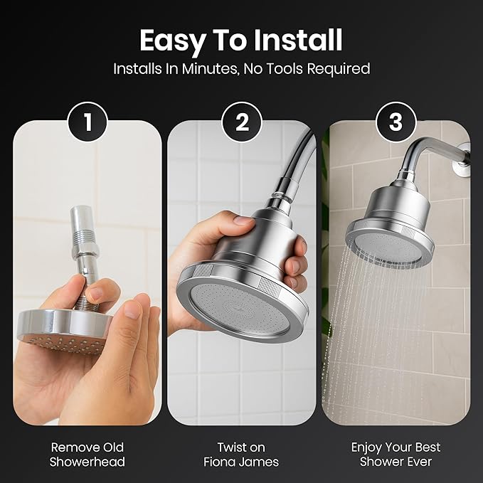 Fiona James Filtered Shower Head – High Pressure Shower Filter for Hard Water, Chlorine Removing, 20-Stage Filtration for Healthy Hair & Skin (Brushed Nickel)