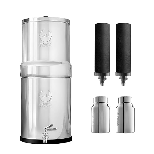 Gravity Water Filter System - 3.25 Gallons NSF Certified AISI 304 Stainless Steel Water Filter with 2 Smart Carbon Filters, 2 POSTreat Steel Fluoride Removal Elements & Free Stainless Steel Spigot