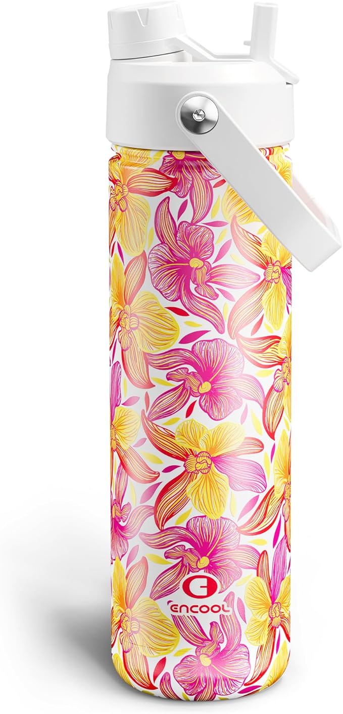 ENCOOL Insulated Water Bottle with Straw Stainless Steel Water Bottle, Leak-Proof, BPA-Free, Double Wall Vacuum Keeps Cold for 24 Hours for Sports, Travel, School (26 oz, Tropical Floral)