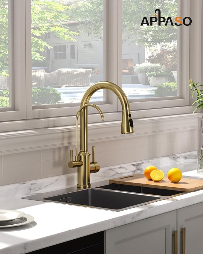 APPASO Kitchen Faucet with Water Filter, 2 Handle 3 Way Gold Kitchen Sink Faucet, High Arch 3 Hole Kitchen Faucet with Pull Down Sprayer - 3 in 1 Faucet (Without Water Filtration Device)
