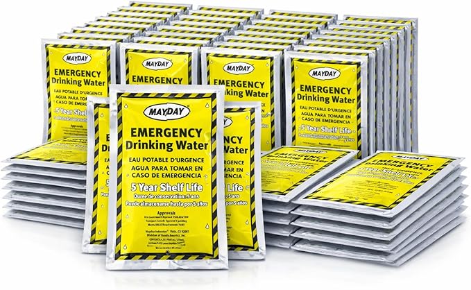 Mayday Pouch Water, Coast Guard Emergency Water, 5-Year Shelf LIfe, Disaster Preparedness Supplies for, Earthquake, Fire, Flood, Leak-Proof Pouches, 4.225 Oz/125Ml 50 Pack