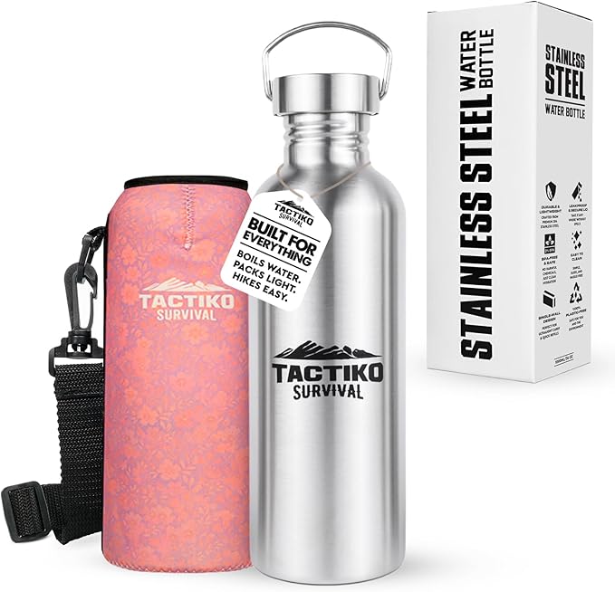 Tactiko Survival 34 oz/1000 ml Stainless Steel Wide Mouth Water Bottle, Single Wall Boil-Safe, Leakproof, BPA-Free with Carry Sleeve and Strap for Camping, Hiking, Outdoor Prep (Pink)
