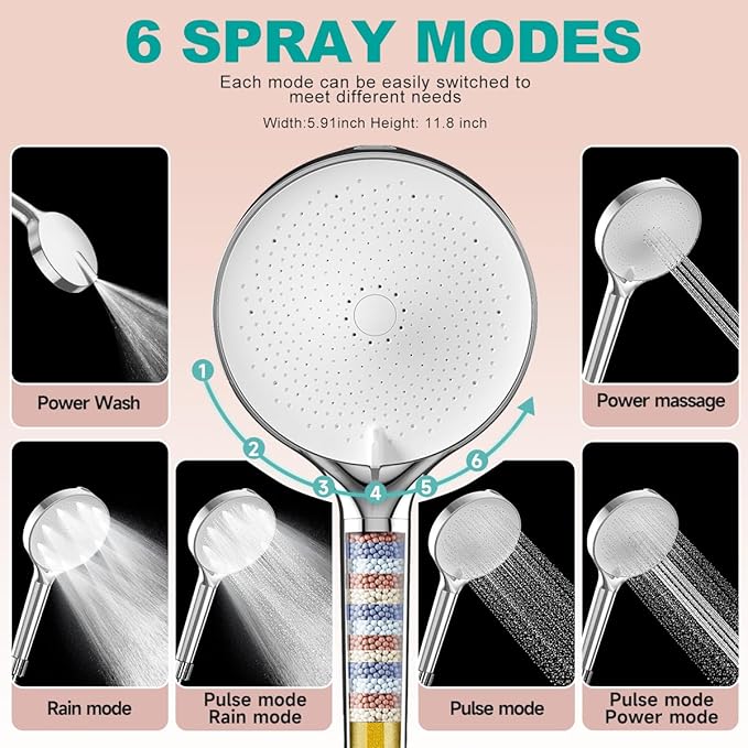 6“ Filtered Shower Head with Handheld, 6 Modes High Pressure Shower Head with Filter for Hard Water, Detachable Showerhead with Stainless Steel Hose and Shower Arm Bracket, Chrome-White - AquaVibe
