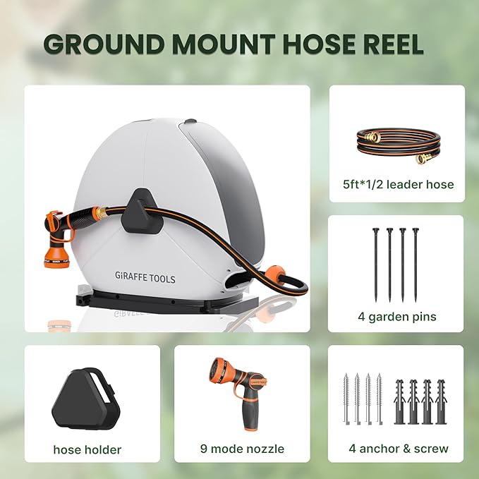 Giraffe Tools Ground Mounted Retractable Hose Reel 5/8 Inch x 92FT, Heavy Duty Automatic Rewind Garden Hose Reel, with Flexible Swivel Base for Lawn, Concrete Floor