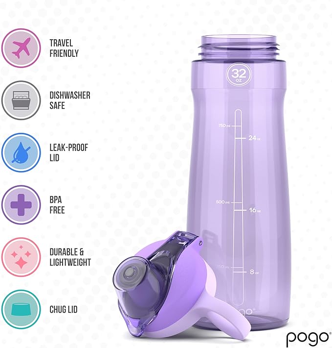 Pogo 32oz Plastic Water Bottle with Chug Lid and Carry Handle, Reusable, BPA Free, Dishwasher Safe, Perfect for Travel, School, Outdoors, and Gym, Lilac