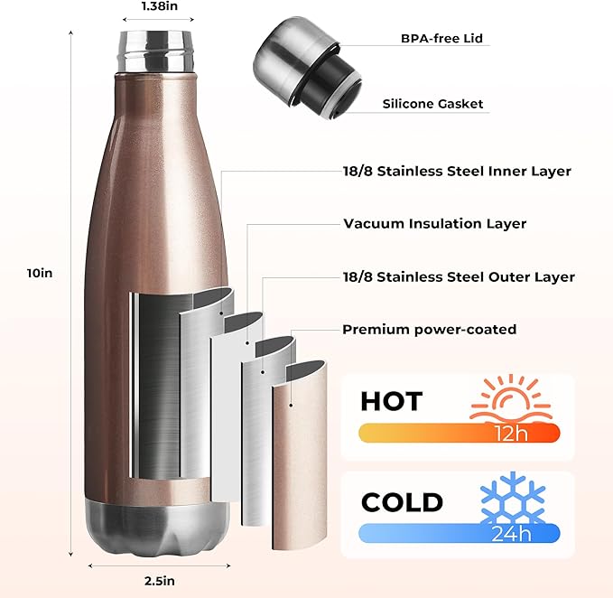 MEWAY 17oz Sport Water Bottle 8 Pack Vacuum Insulated Stainless Steel Leak-Proof Double Wall Cola Shape Water Bottle,Keep Drinks Hot & Cold (Rose Gold,8 Pack)