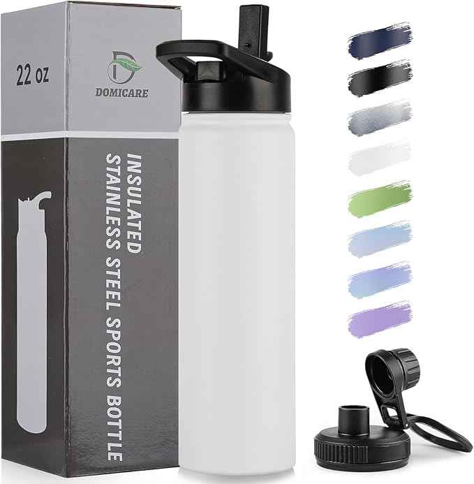 DOMICARE Insulated Water Bottle, 22 oz Vacuum Insulated Stainless Steel Reusable Sports Bottle with Straw Lid & Spout Lid for Travel, Camping, Bike, Leakproof, White, 1 Pack
