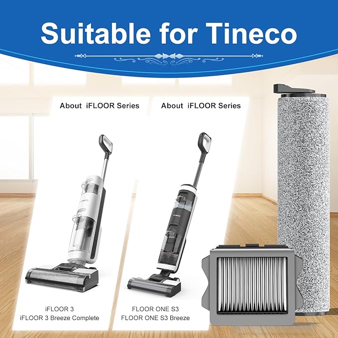 Vacuum Mop Replacement Parts Compatible with Tineco Roller Brush Replacement, Suitable with Ifloor 3 Series, Floor One S3 Series, Ifloor 5 Breeze Cleaner, Set Includes 3 Roller Brushes and 6 Filters - AquaVibe